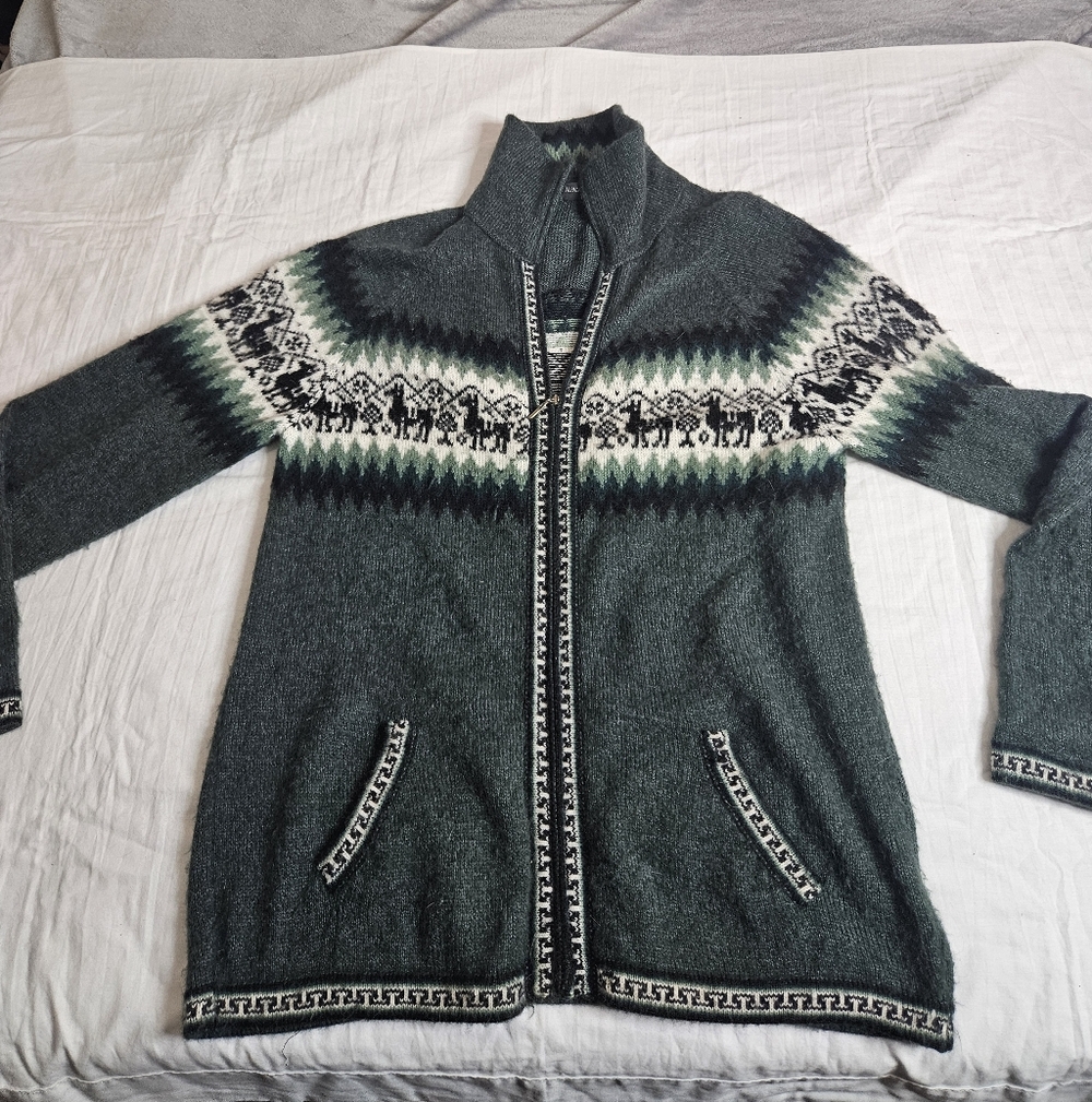 Vintage 80s Alpaca Connection Geometric Llama Zip Up Cardigan Sweater Green XL
